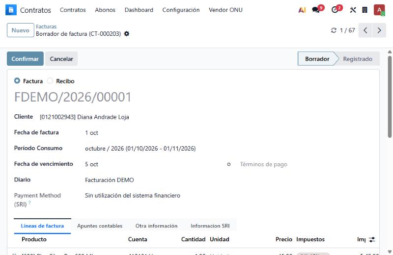 Factura con período de consumo, fecha de vencimiento y forma de pago del SRI