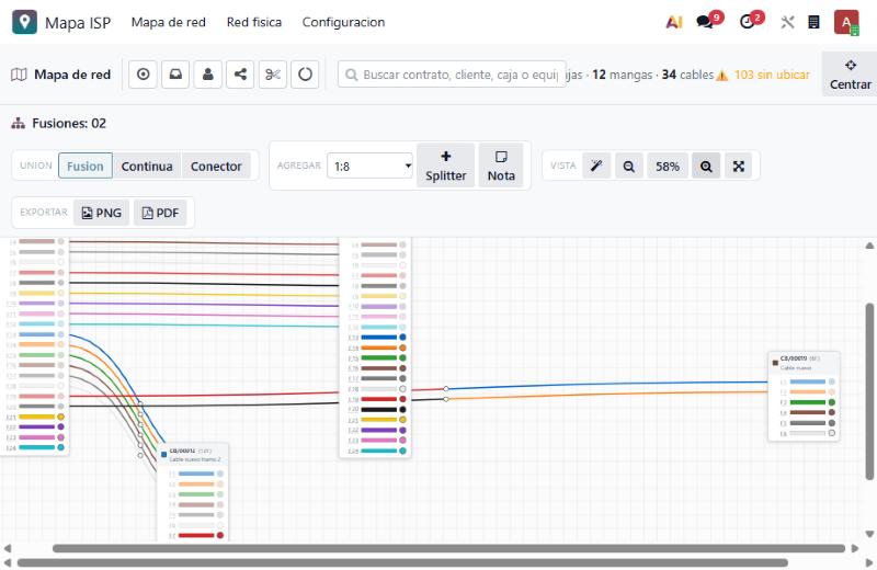 Editor de fusiones de una manga con los hilos de colores unidos entre cables