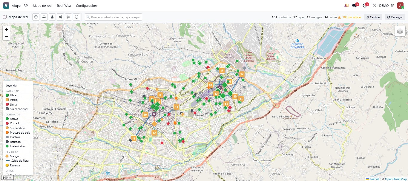 Mapa de red de ERPymes con contratos, cajas NAP, mangas y cables de fibra sobre la ciudad